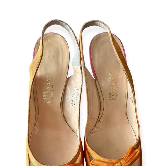 Vintage Saks Fifth Avenue Slingback Heels | Orange Pink Satin | Clear Vinyl Inse - Picture 13 of 14